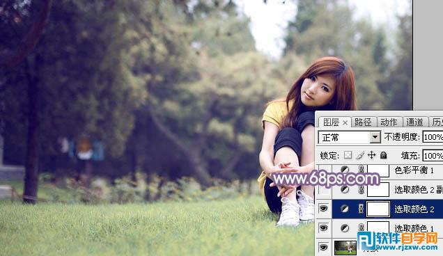 Photoshop给树林旁的美女调出柔和的绿紫色