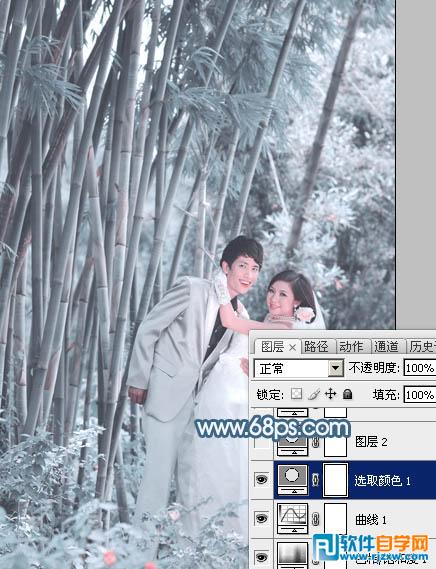 Photoshop给竹林婚片调出梦幻的淡调青蓝色