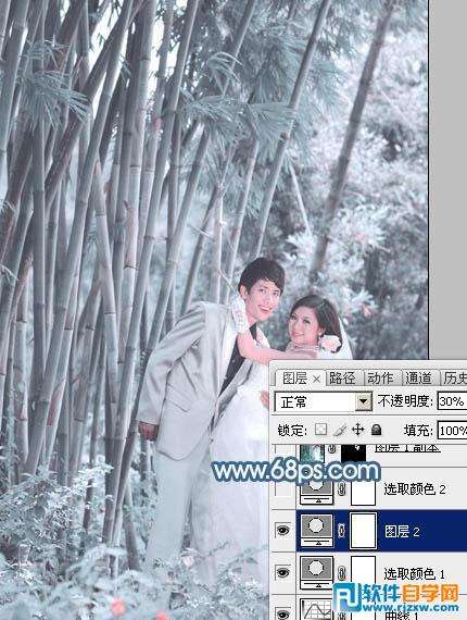 Photoshop给竹林婚片调出梦幻的淡调青蓝色