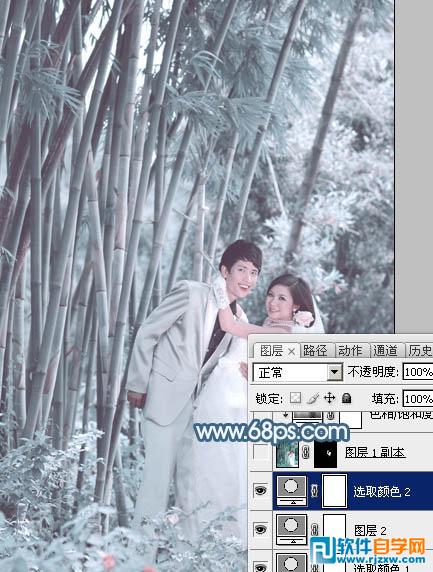 Photoshop给竹林婚片调出梦幻的淡调青蓝色