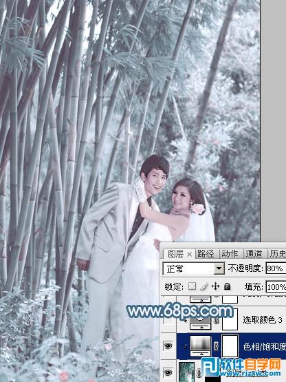 Photoshop给竹林婚片调出梦幻的淡调青蓝色