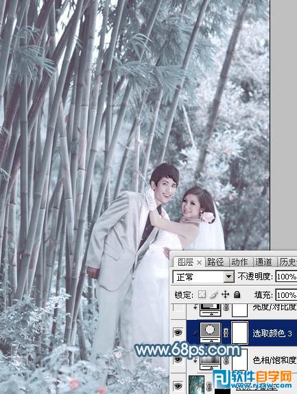 Photoshop给竹林婚片调出梦幻的淡调青蓝色