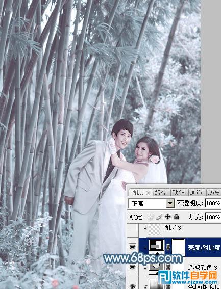 Photoshop给竹林婚片调出梦幻的淡调青蓝色