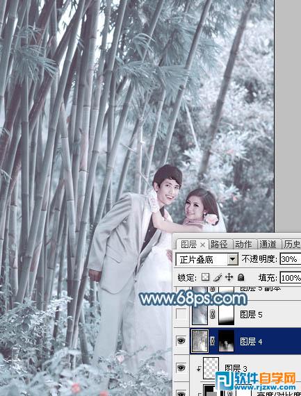 Photoshop给竹林婚片调出梦幻的淡调青蓝色