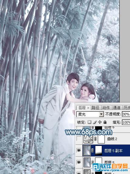 Photoshop给竹林婚片调出梦幻的淡调青蓝色