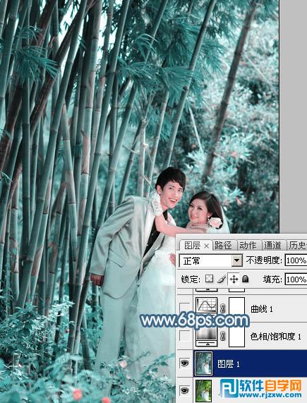 Photoshop给竹林婚片调出梦幻的淡调青蓝色