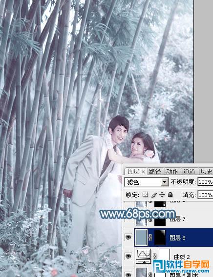 Photoshop给竹林婚片调出梦幻的淡调青蓝色