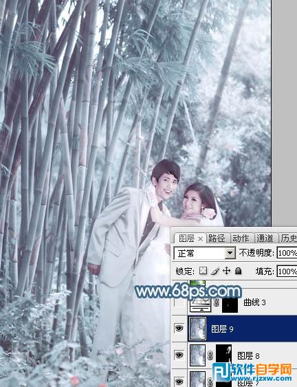 Photoshop给竹林婚片调出梦幻的淡调青蓝色