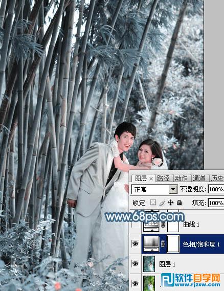 Photoshop给竹林婚片调出梦幻的淡调青蓝色