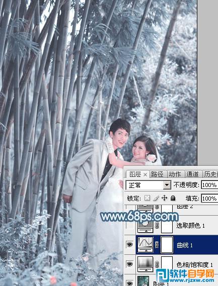 Photoshop给竹林婚片调出梦幻的淡调青蓝色