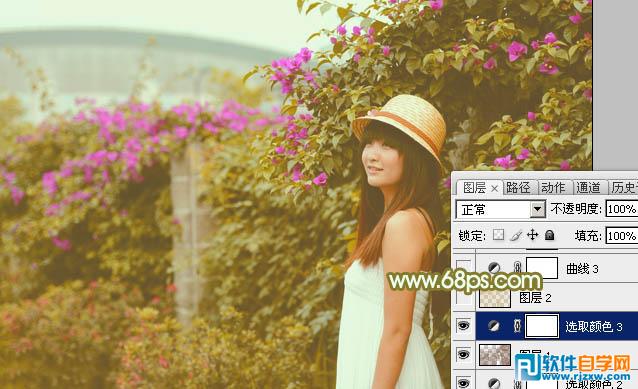 Photoshop给花草围墙边的美女加上柔和的韩系黄褐色