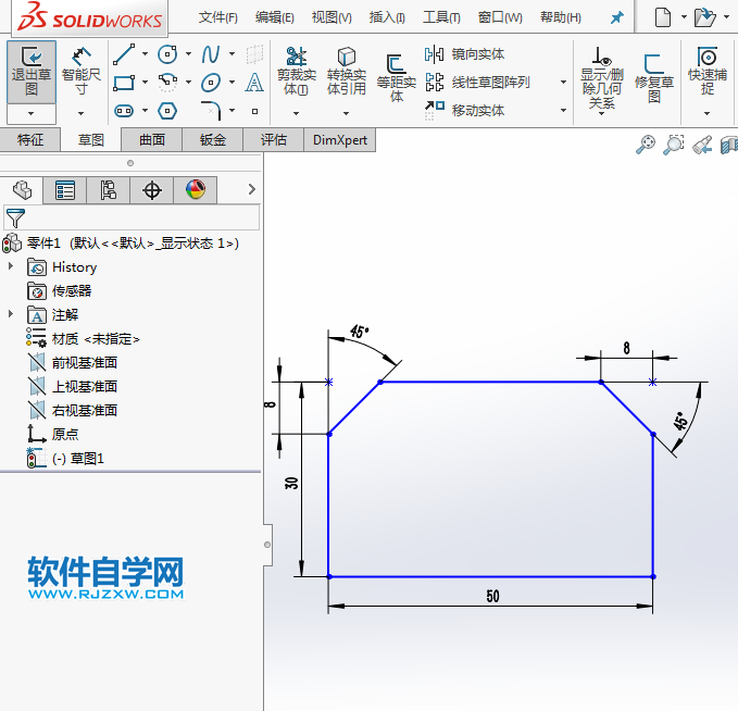 solidworks倒45度角的方法与步骤