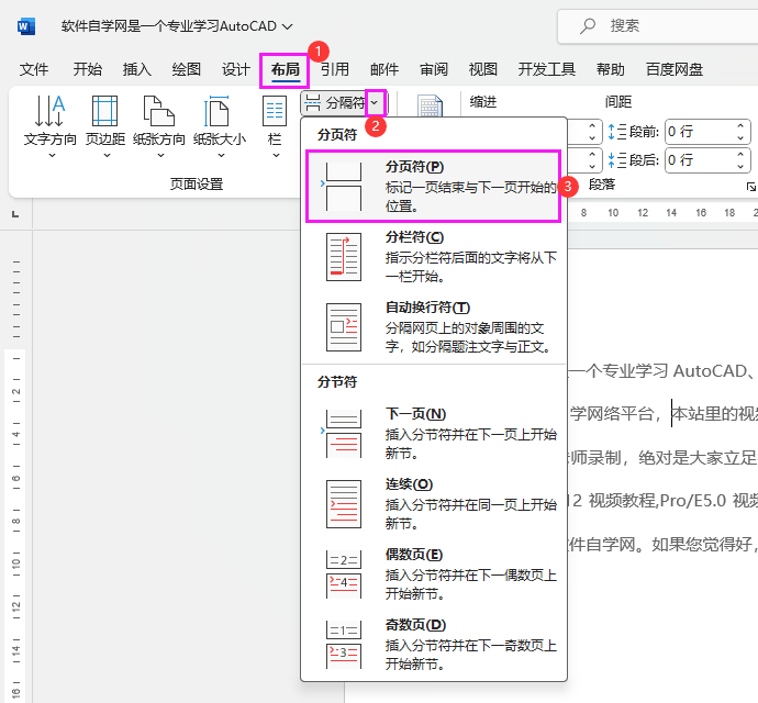 WORD如何插入分页符第2步