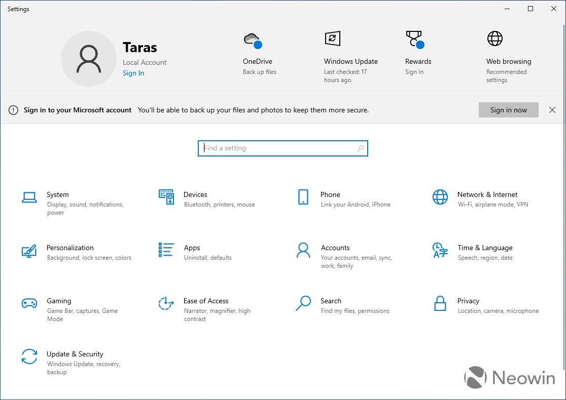 Win10 RP 预览版设置应用挂出横幅,推荐本地用户登录微软账号
